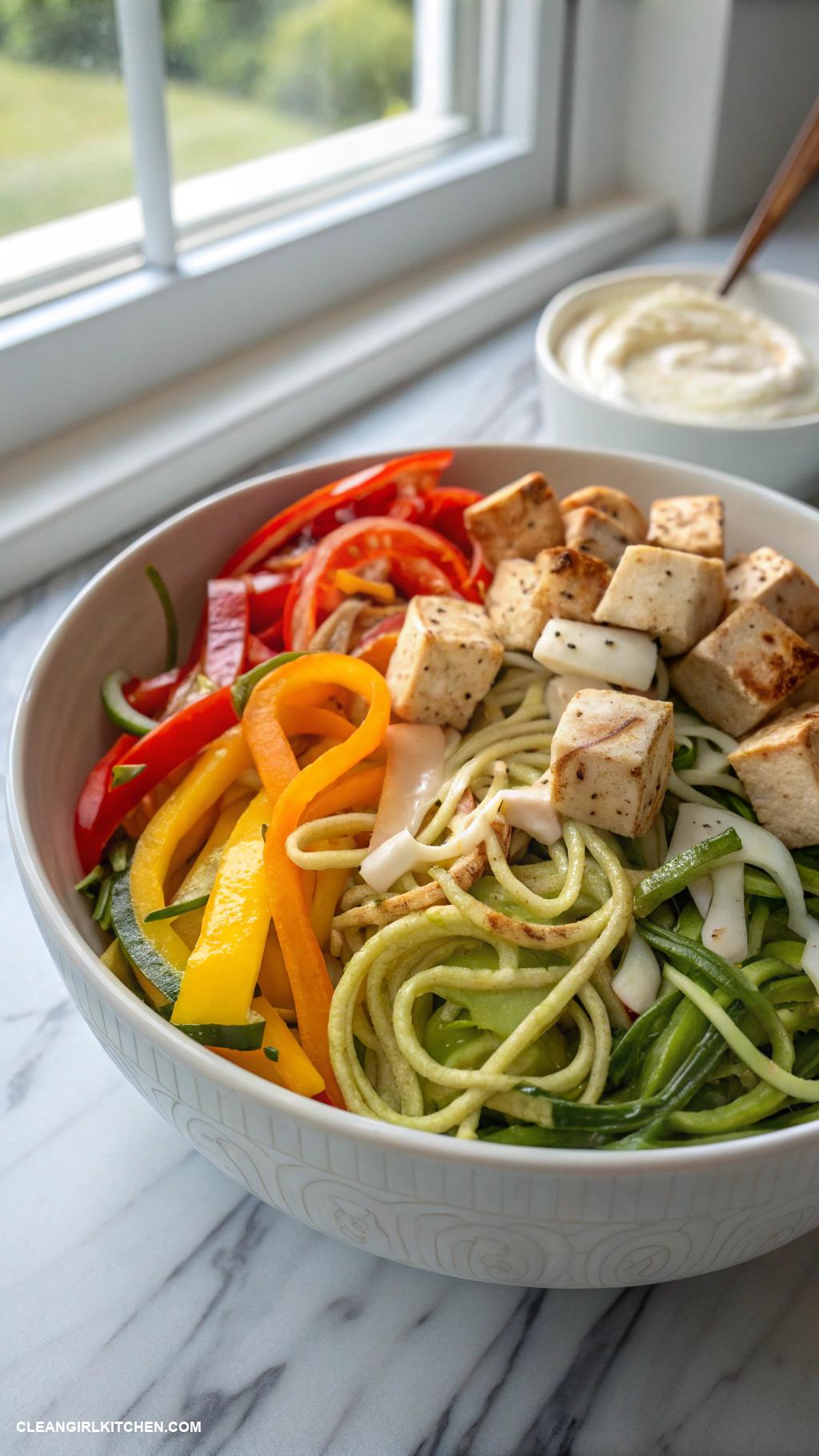 buddha bowls Zucchini Noodle Buddha Bowl with Tofu Bell Peppers and Coconut Cream