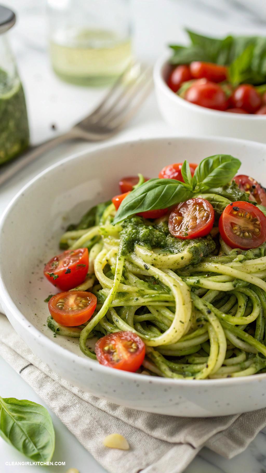 clean simple eats recipes Zucchini Noodles with Pesto and Cherry Tomatoes