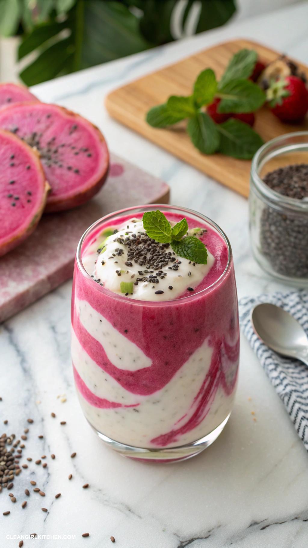 dragon fruit smoothie recipes Creamy Dragon Fruit Smoothie Blend 1 cup dragon fruit 12 cup Greek yogurt 1 tablespoon chia seeds and 1 cup almond milk