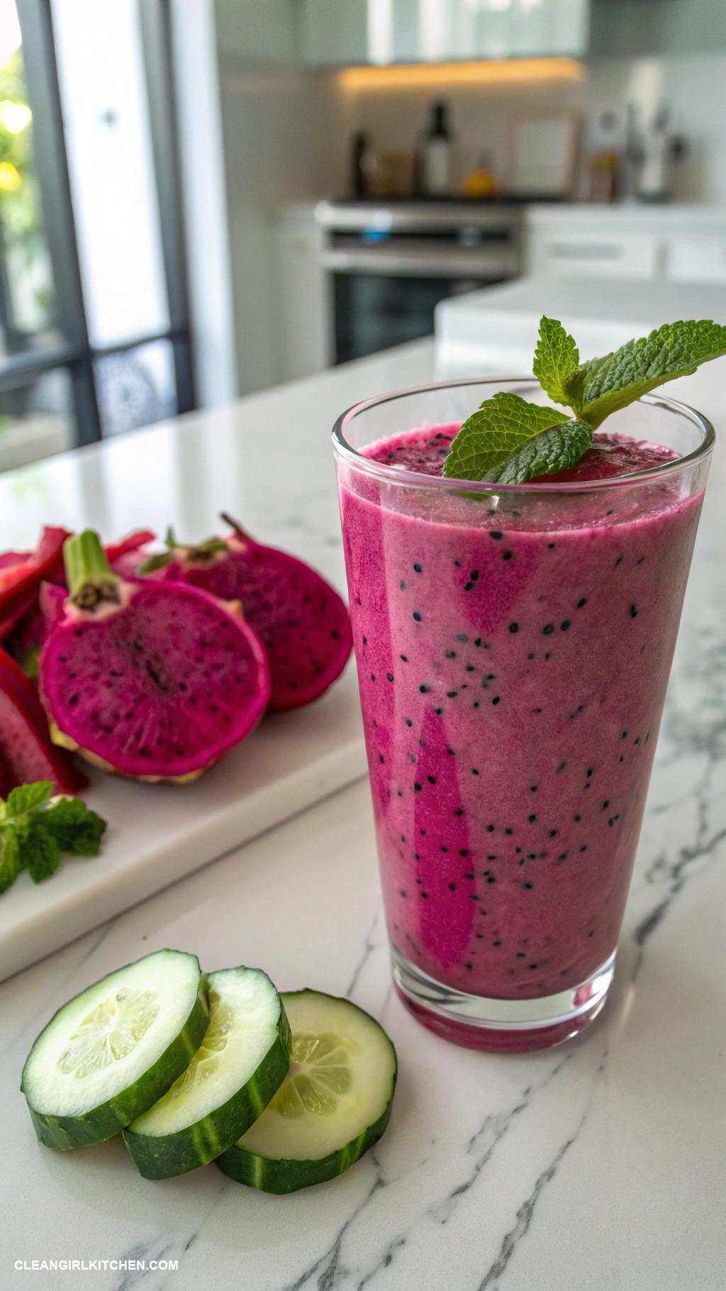 dragon fruit smoothie recipes Minty Dragon Fruit Smoothie Blend 1 cup dragon fruit a handful of fresh mint 12 cucumber and 1 cup coconut water