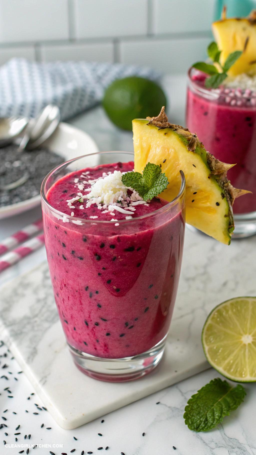 dragon fruit smoothie recipes Tropical Dragon Fruit Smoothie Blend 1 cup dragon fruit 12 cup pineapple 12 cup coconut water and juice of 1 lime