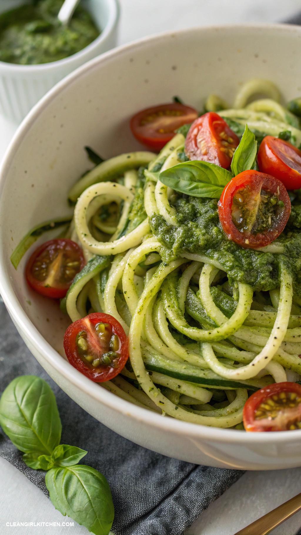 easy healthy lunches Zucchini Noodles with Pesto and Cherry Tomatoes