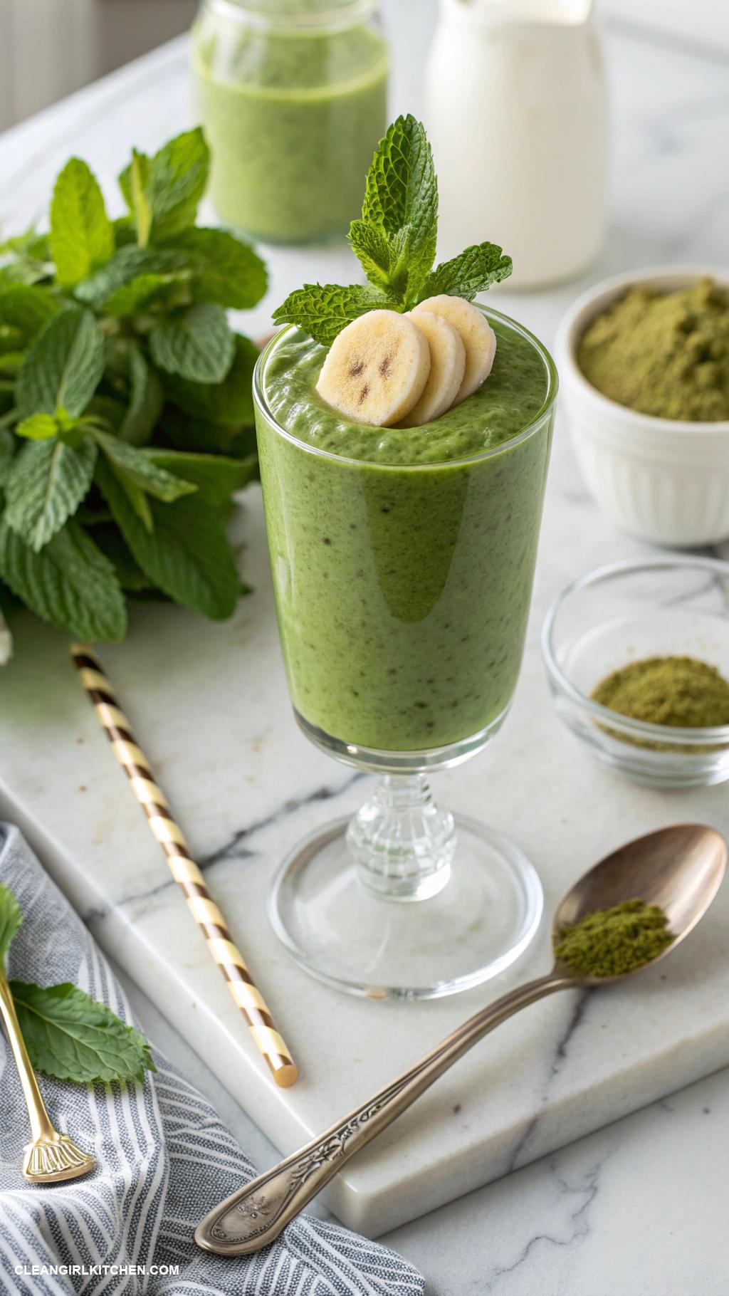 erewhon smoothie recipes Matcha Mint Smoothie Matcha powder fresh mint leaves banana and almond milk