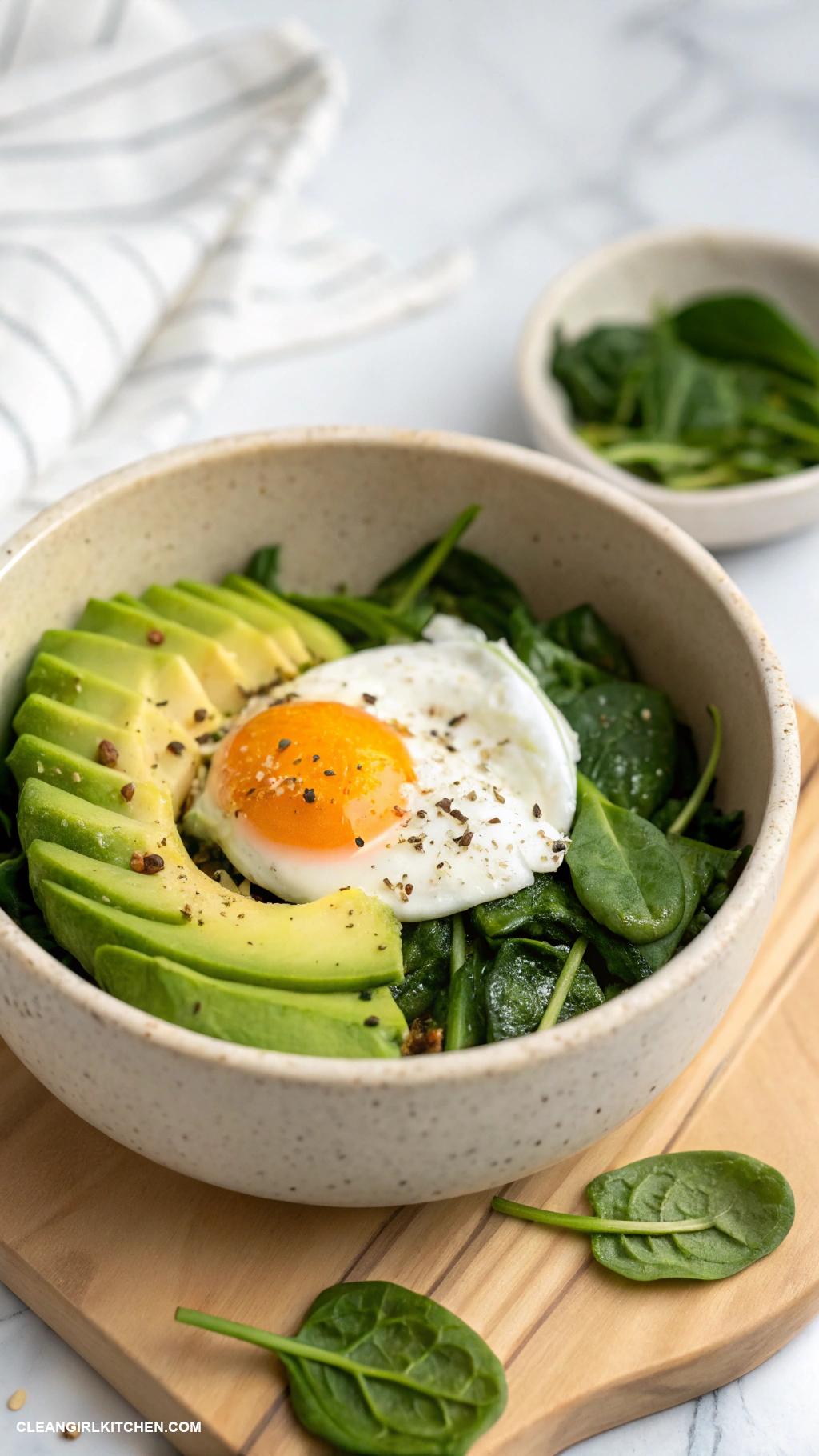 gluten free breakfasts Egg and Avocado Breakfast Bowl with Sautyed Spinach