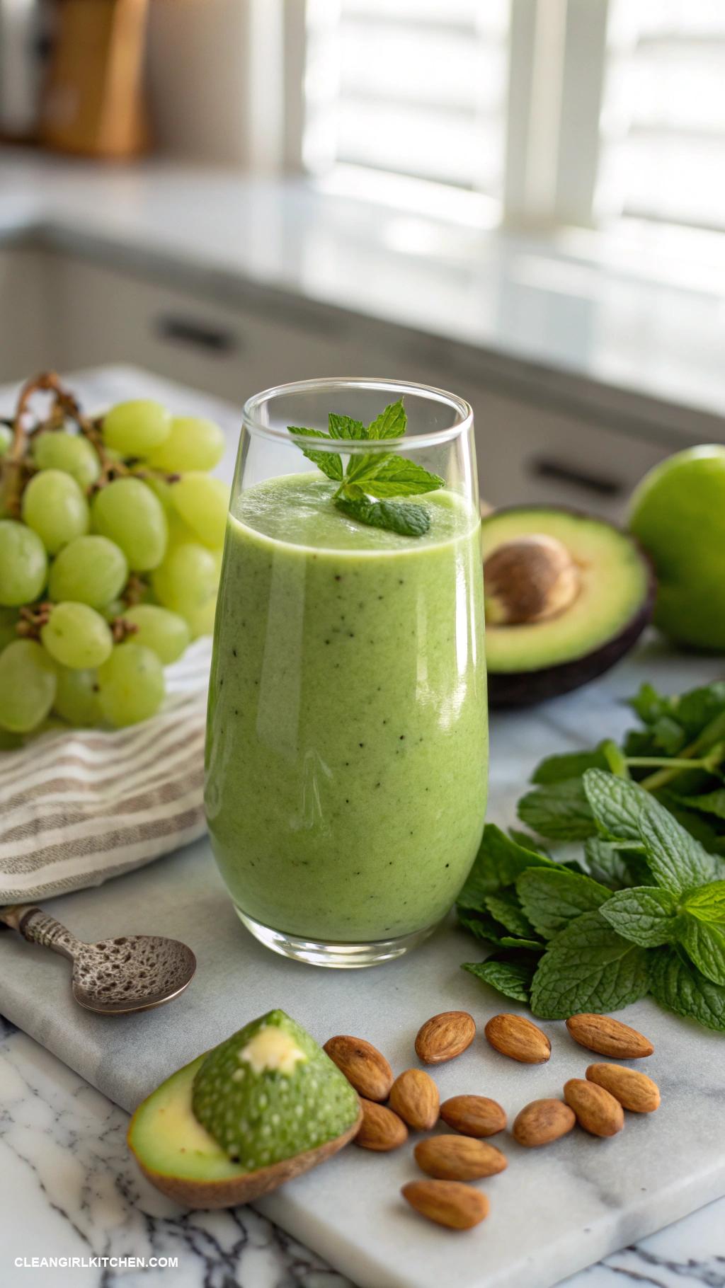 green smoothie recipes Avocado and Green Grape Smoothie Blend avocado green grapes spinach almond milk and mint leaves