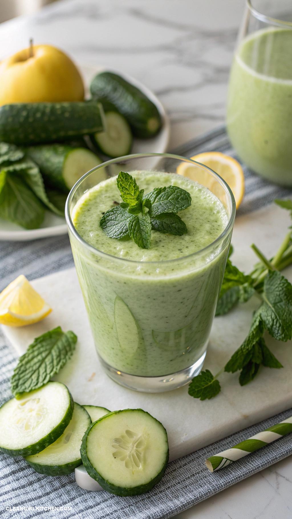 green smoothie recipes Cucumber and Mint Smoothie Blend cucumber fresh mint leaves apple Greek yogurt and a squeeze of lemon