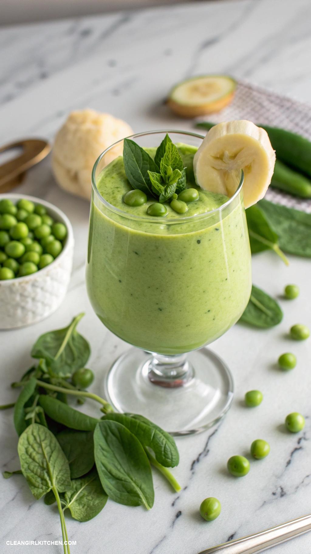 green smoothie recipes Sweet Pea and Spinach Smoothie Mix sweet peas spinach banana Greek yogurt and a drizzle of honey