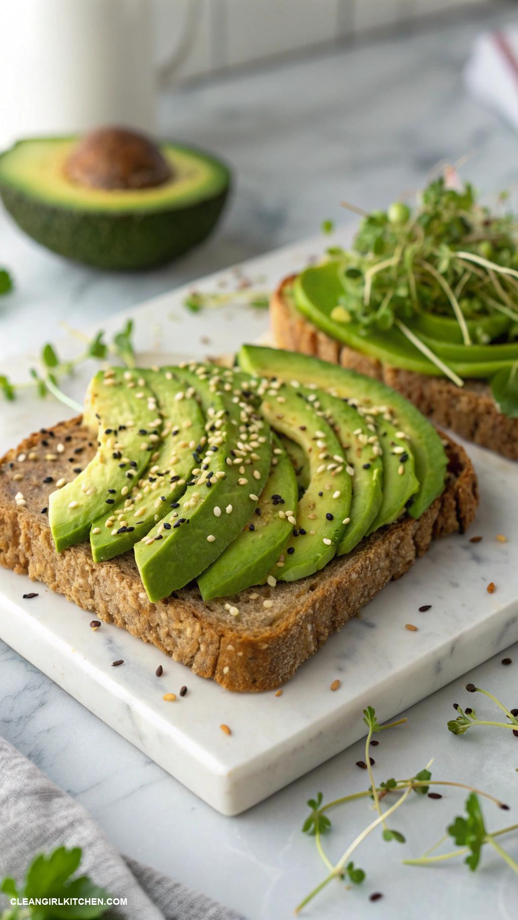 healthy breakfast ideas Avocado toast on whole grain bread with a sprinkle of sesame seeds