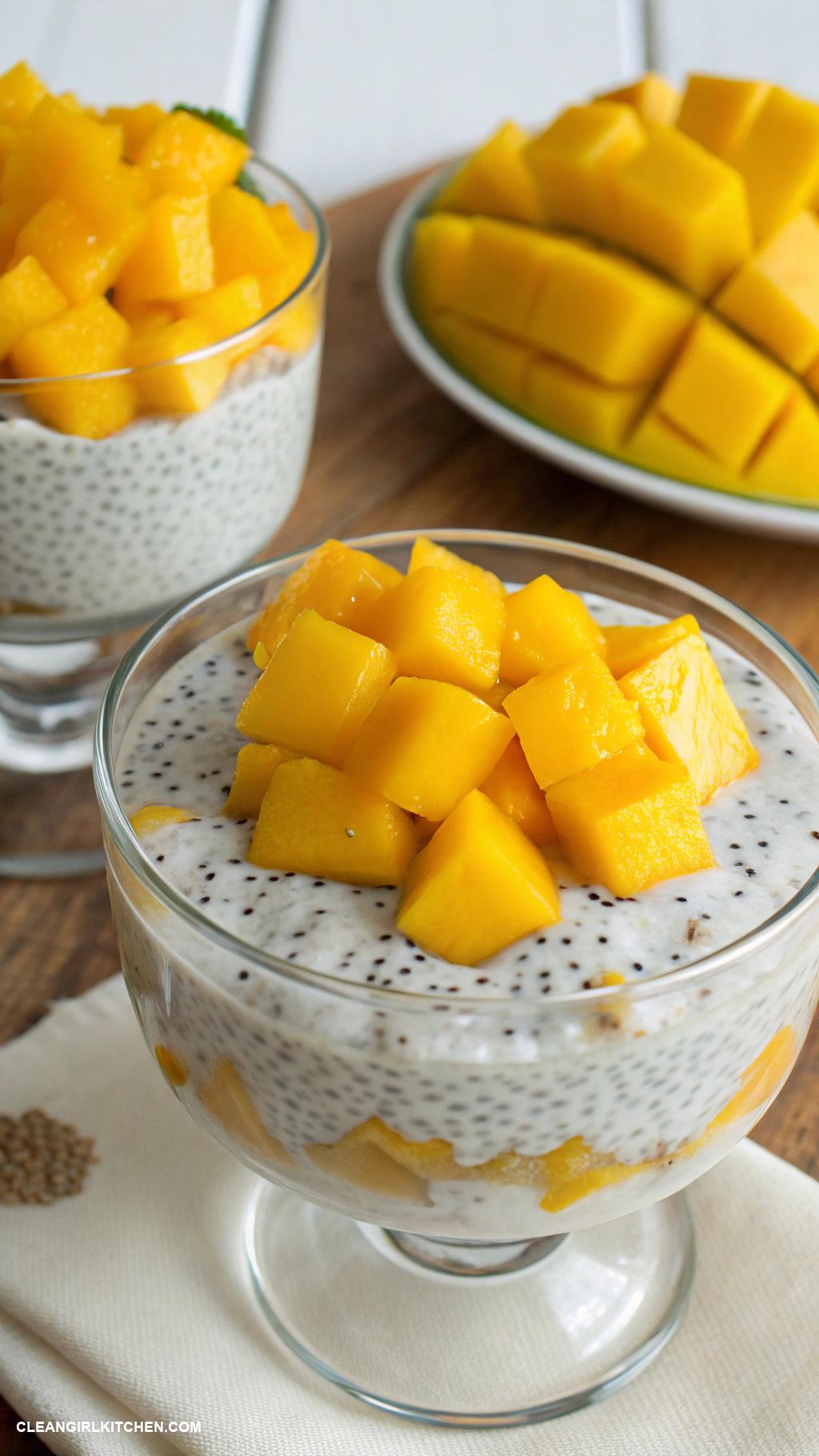 healthy breakfast ideas Chia seed pudding with coconut milk and topped with mango