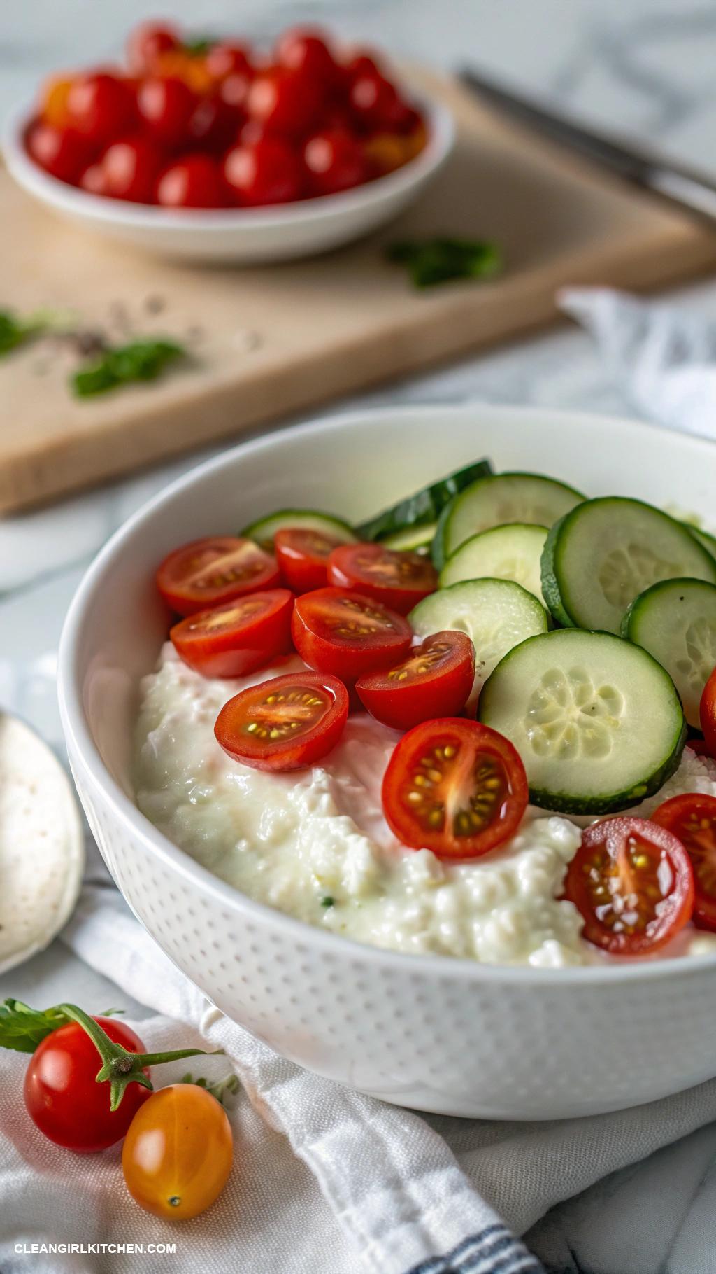 healthy breakfast ideas Cottage cheese with cucumber slices and cherry tomatoes