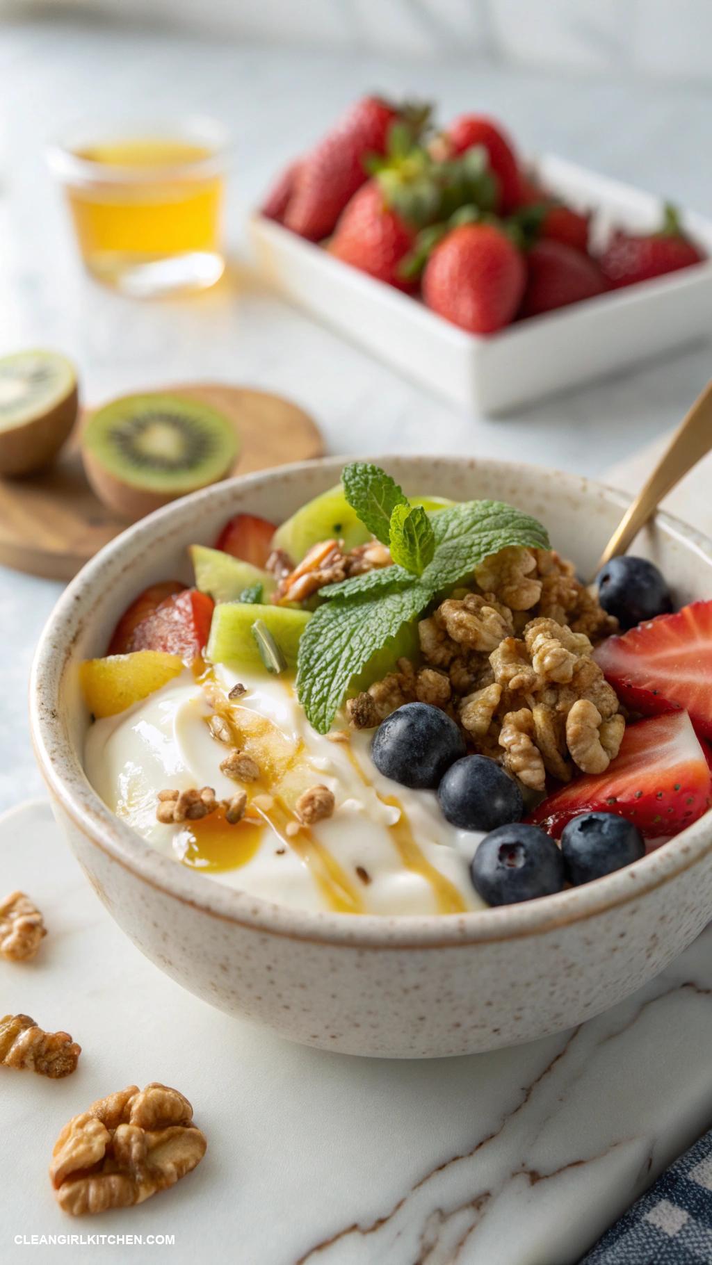 healthy breakfast ideas Greek yogurt with honey walnuts and sliced fruits