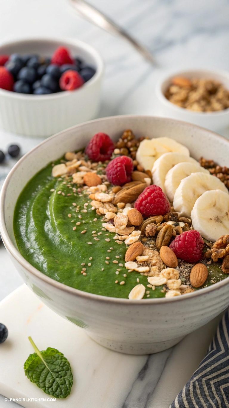 healthy breakfast ideas Smoothie bowl with spinach banana and topped with granola and nuts