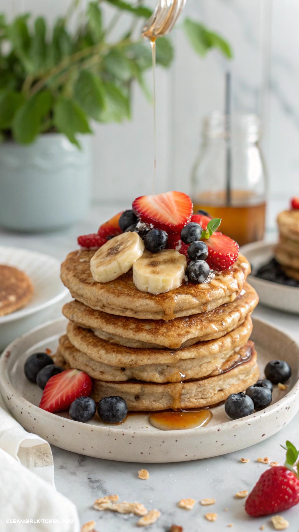 healthy breakfast ideas Whole grain pancakes made with oats and topped with fresh fruit