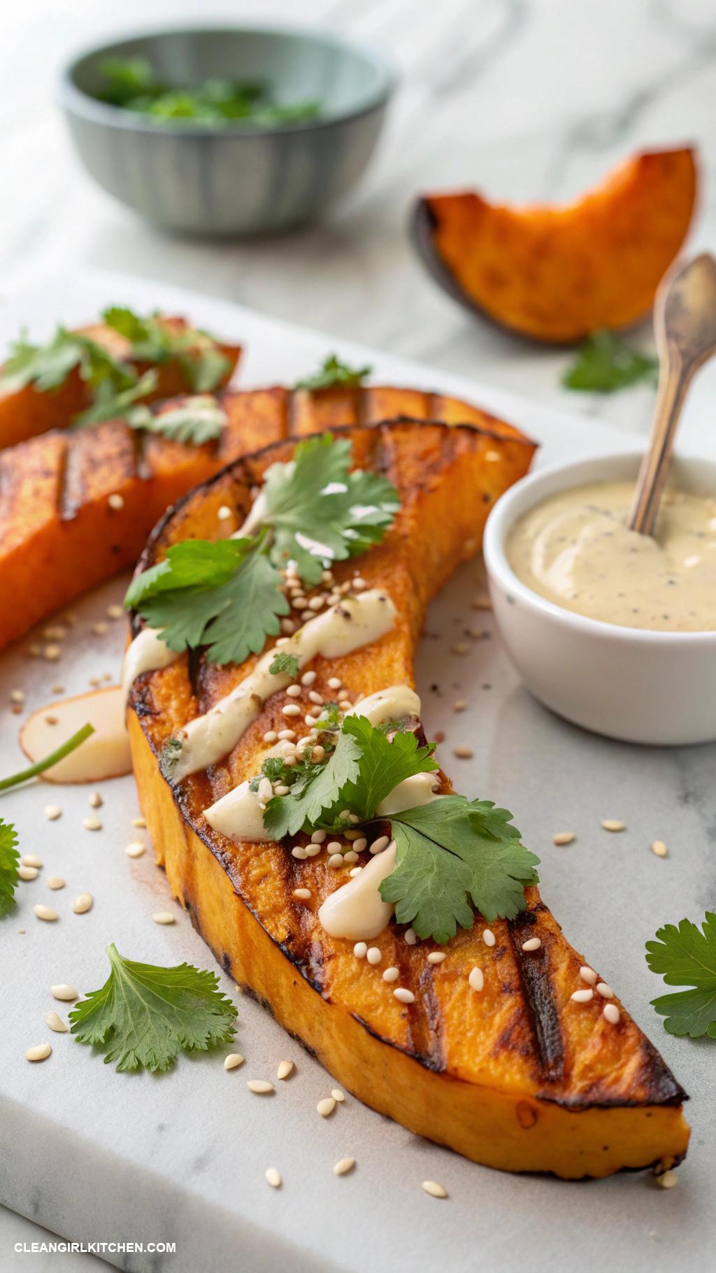 healthy butternut squash recipes Grilled Butternut Squash Wedges with Tahini Dressing