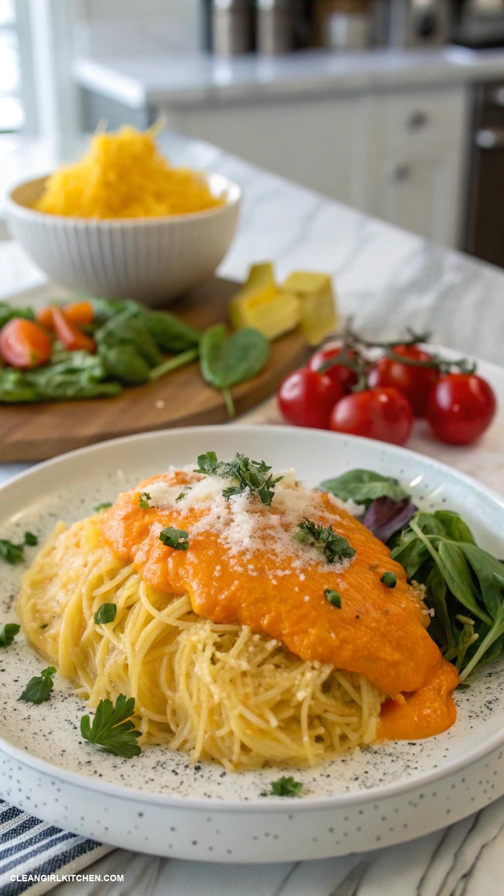 healthy butternut squash recipes Spaghetti Squash with Butternut Squash Alfredo Sauce
