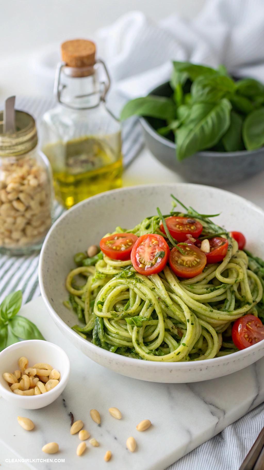 healthy christmas recipes Zucchini Noodles with Pesto and Cherry Tomatoes