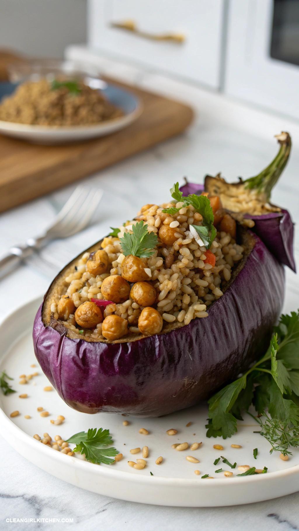 healthy eggplant recipes Stuffed Eggplant with Brown Rice and Chickpeas
