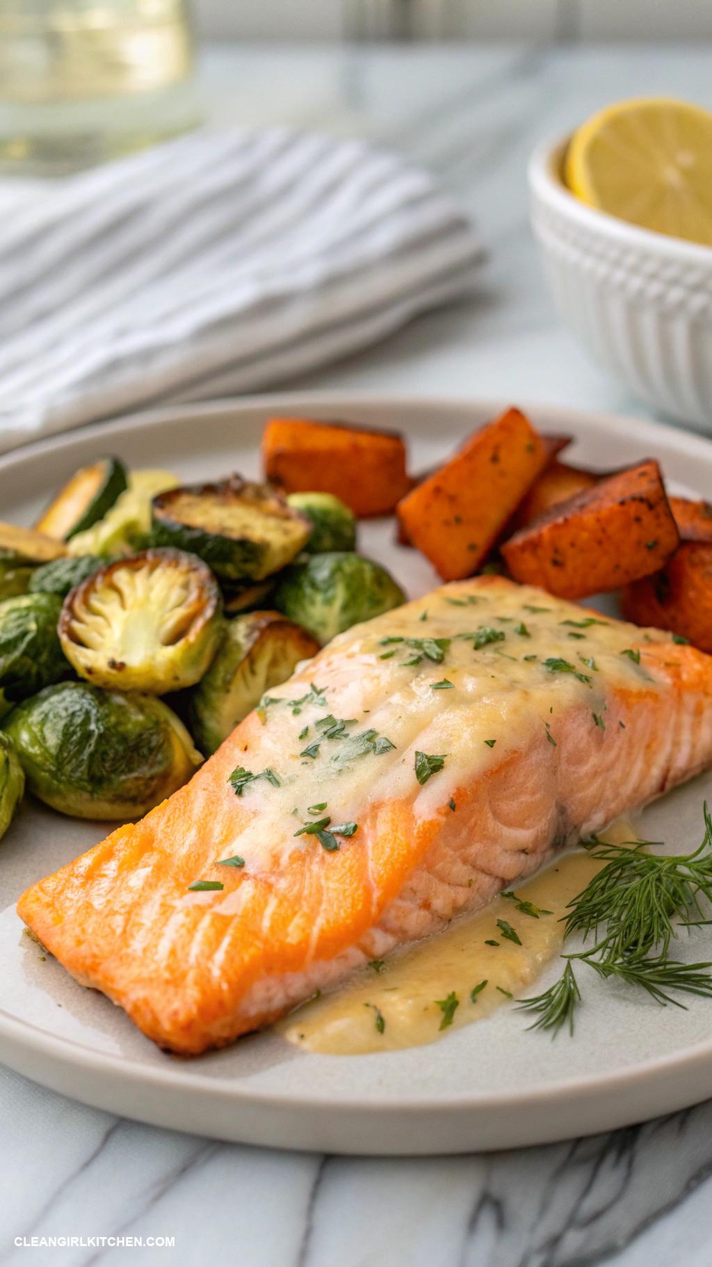 healthy fall dinners Baked Salmon with Brussels Sprouts and Sweet Potatoes