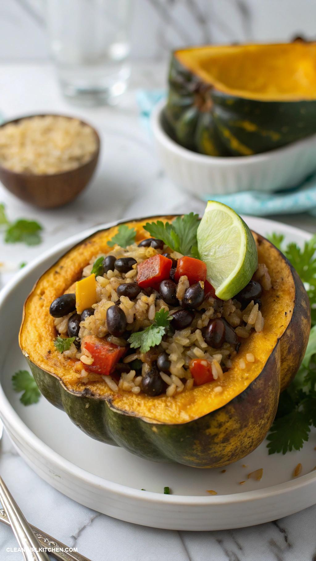 healthy fall dinners Stuffed Acorn Squash with Black Beans and Brown Rice