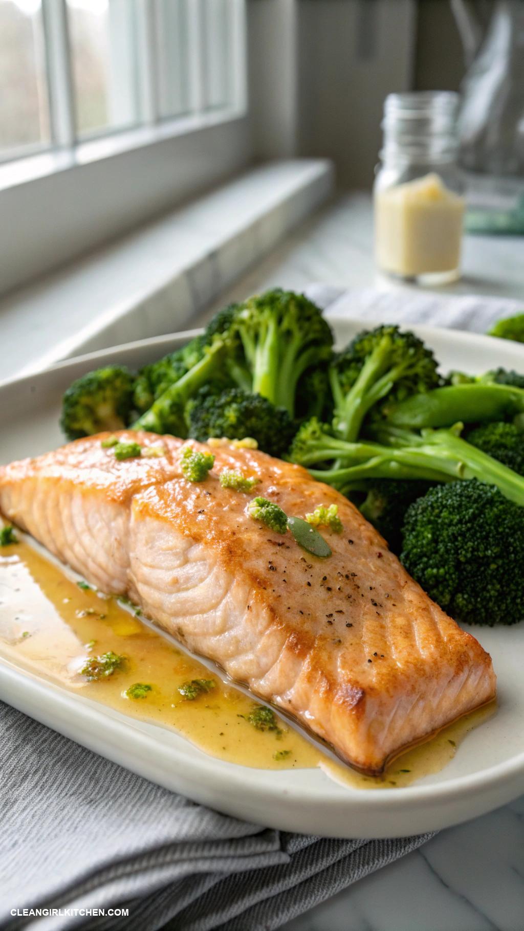 healthy low carb dinners Baked Salmon with Broccoli and Garlic Butter