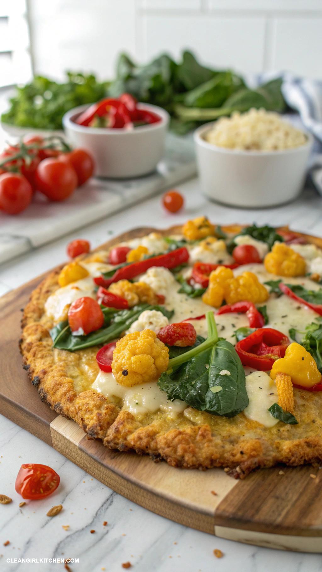healthy low carb dinners Cauliflower Pizza topped with Vegetables and Mozzarella