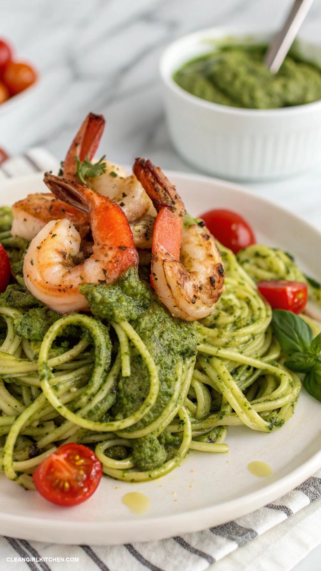 healthy low carb dinners Zucchini Noodles with Pesto and Grilled Shrimp