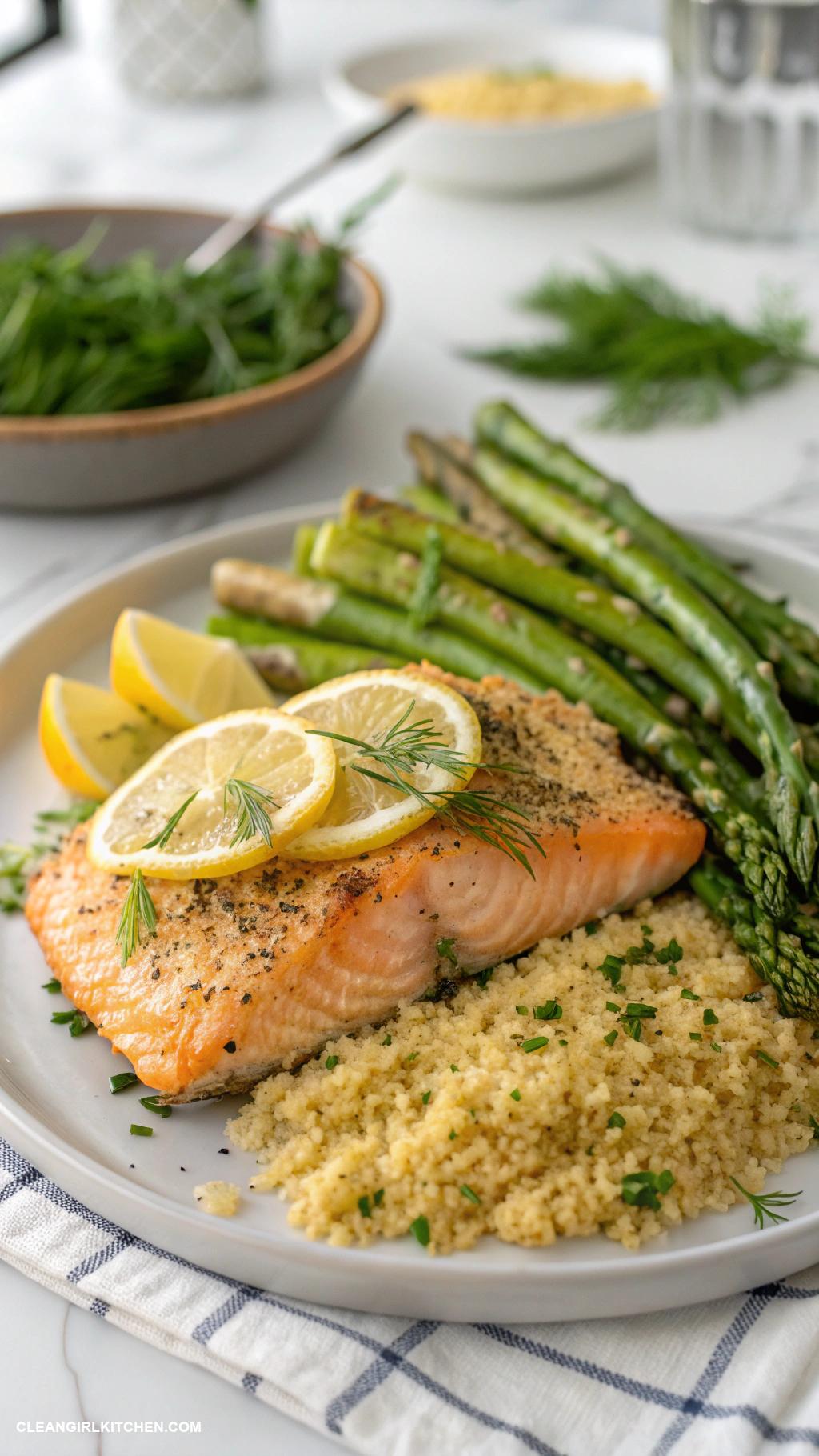 healthy lunch ideas for work Baked Salmon with Asparagus and Quinoa