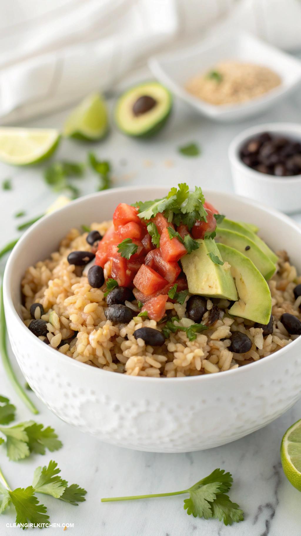healthy lunch ideas for work Brown Rice Bowl with Black Beans Avocado and Salsa