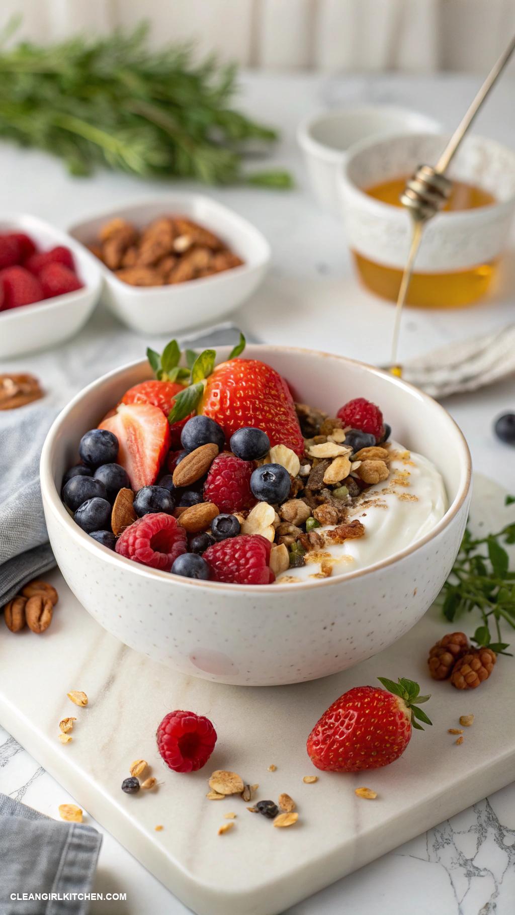 healthy lunch ideas for work Greek Yogurt Bowl topped with Berries Nuts and Honey