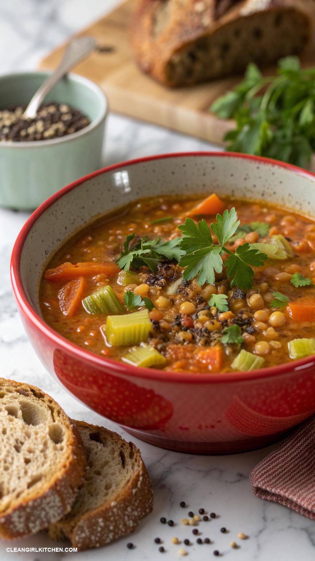 healthy lunch ideas for work Lentil Soup with Carrots Celery and Whole Grain Bread
