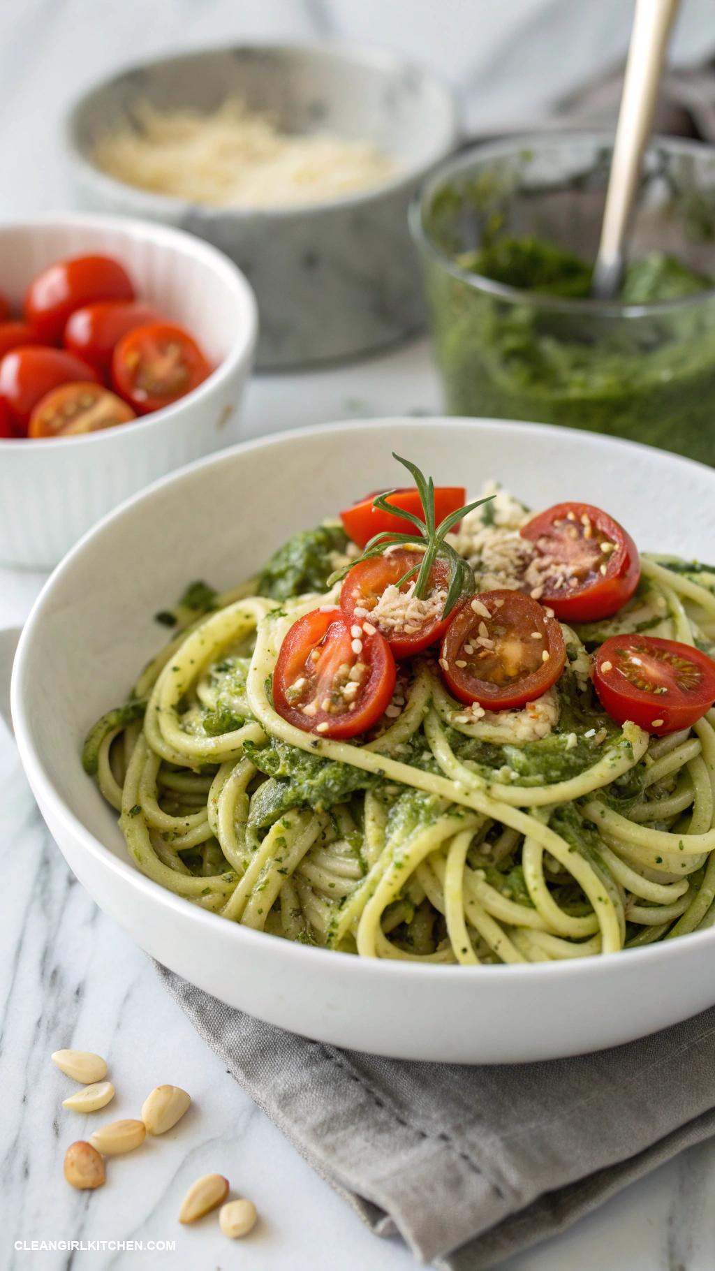 healthy lunch ideas for work Zucchini Noodles with Cherry Tomatoes and Pesto