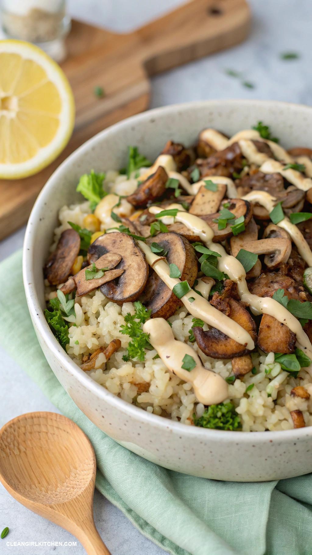healthy mushroom recipes Cauliflower and Mushroom Rice Bowl with Lemon Tahini Dressing