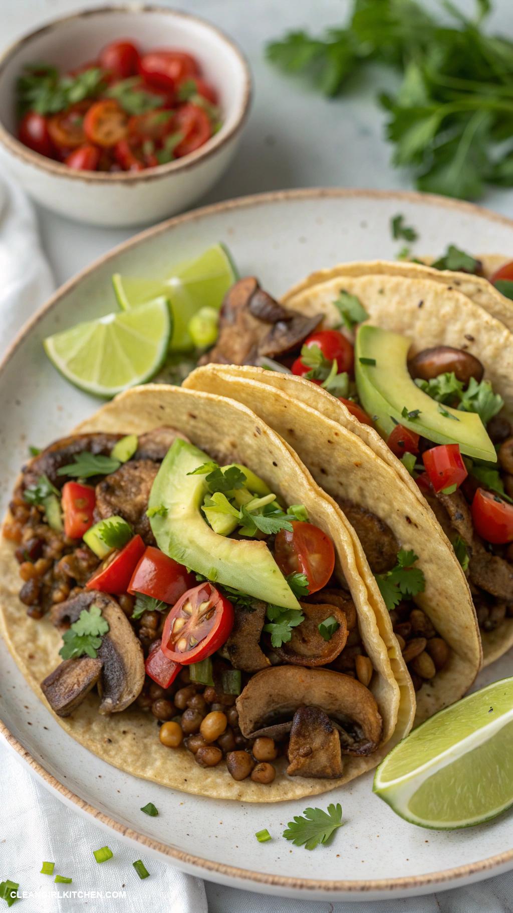 healthy mushroom recipes Mushroom and Lentil Tacos with Avocado Salsa