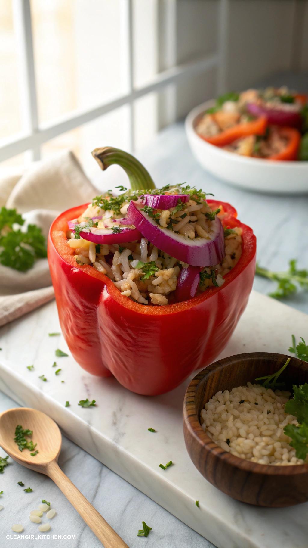 healthy onion recipes Stuffed Bell Peppers with Onions and Brown Rice