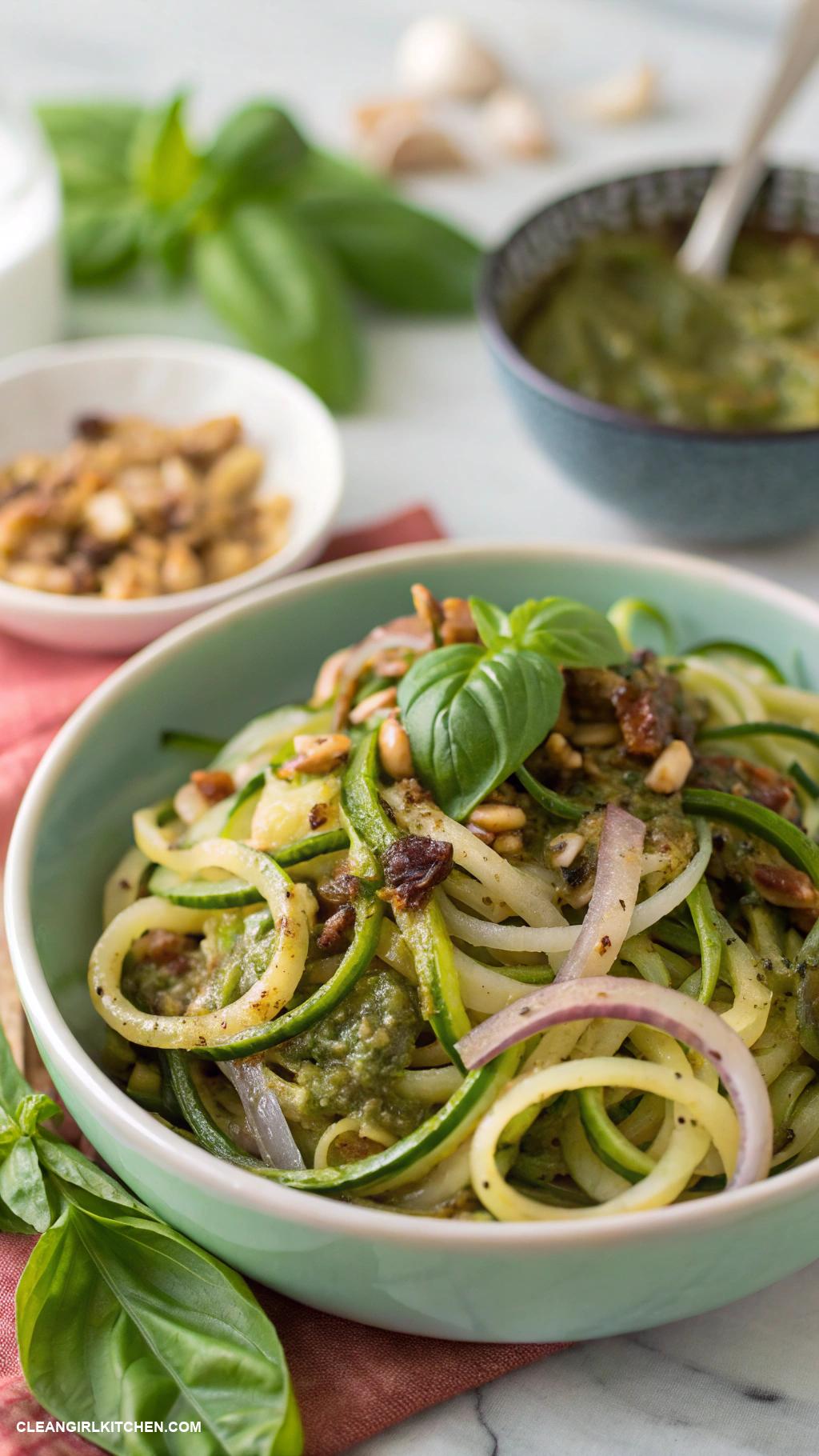 healthy onion recipes Zucchini Noodles with Onions Garlic and Basil Pesto