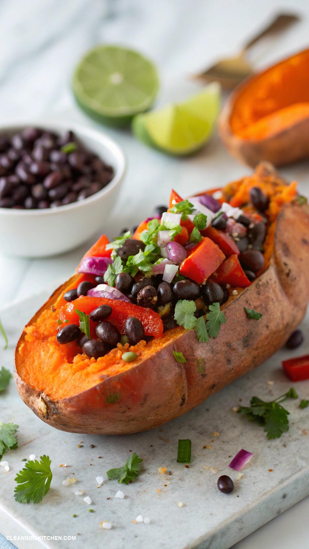 healthy potato recipes Baked Sweet Potatoes with Black Bean Salsa
