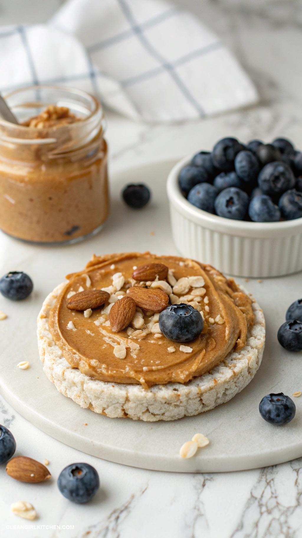 healthy road trip snacks Rice cakes topped with almond butter