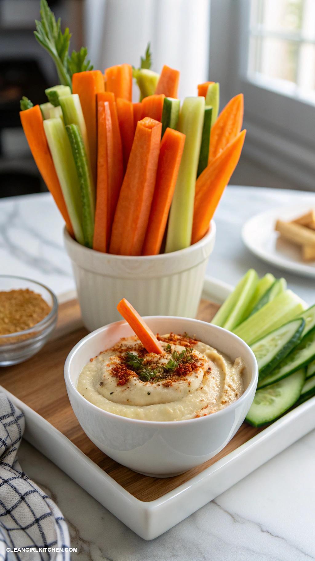 healthy road trip snacks Veggie sticks carrots celery cucumber with hummus