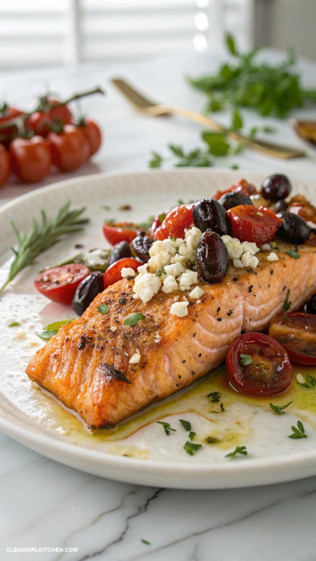 healthy salmon recipes Mediterranean Salmon with Olives Tomatoes and Feta