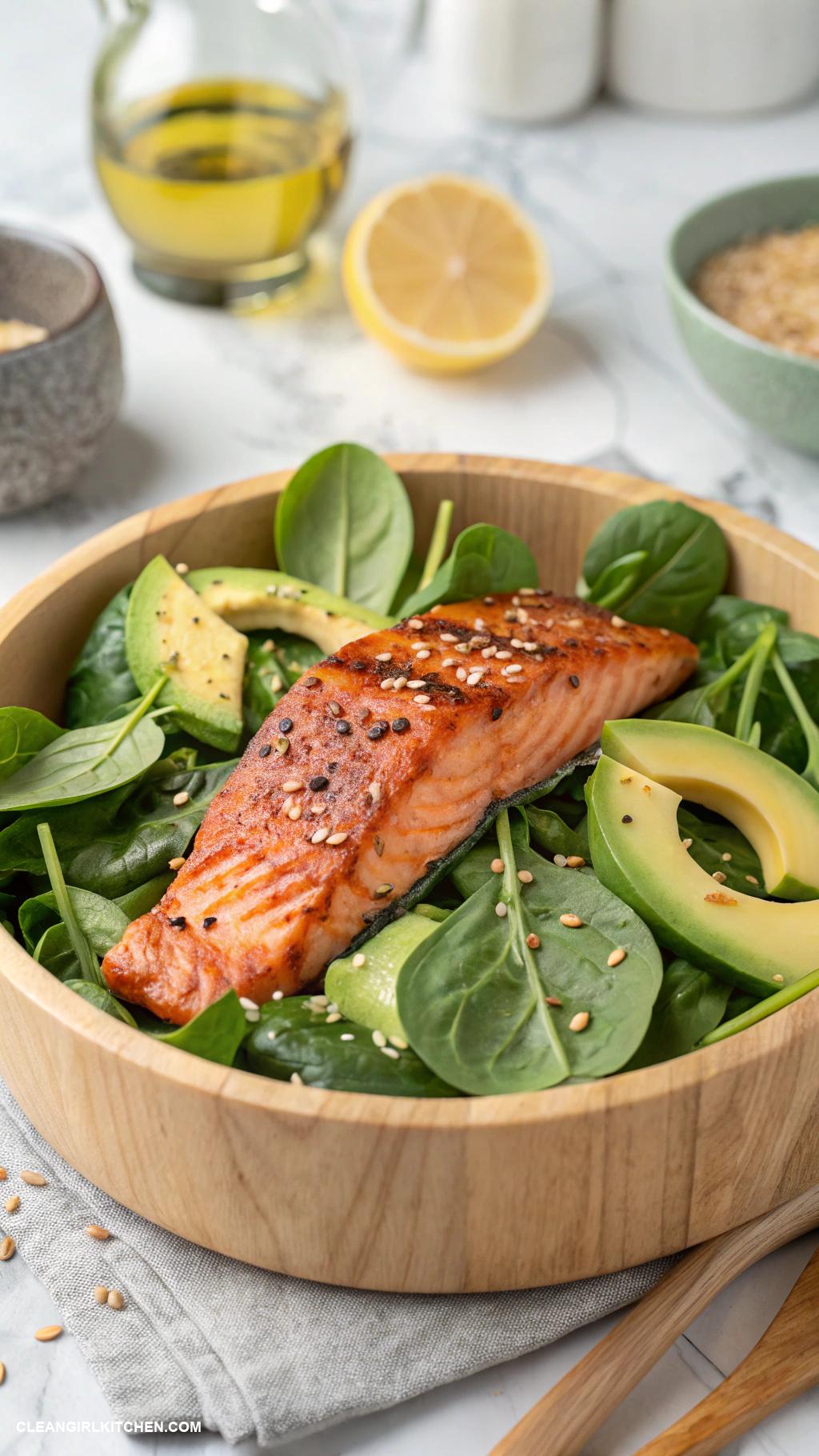 healthy salmon recipes Salmon Salad with Avocado and Spinach