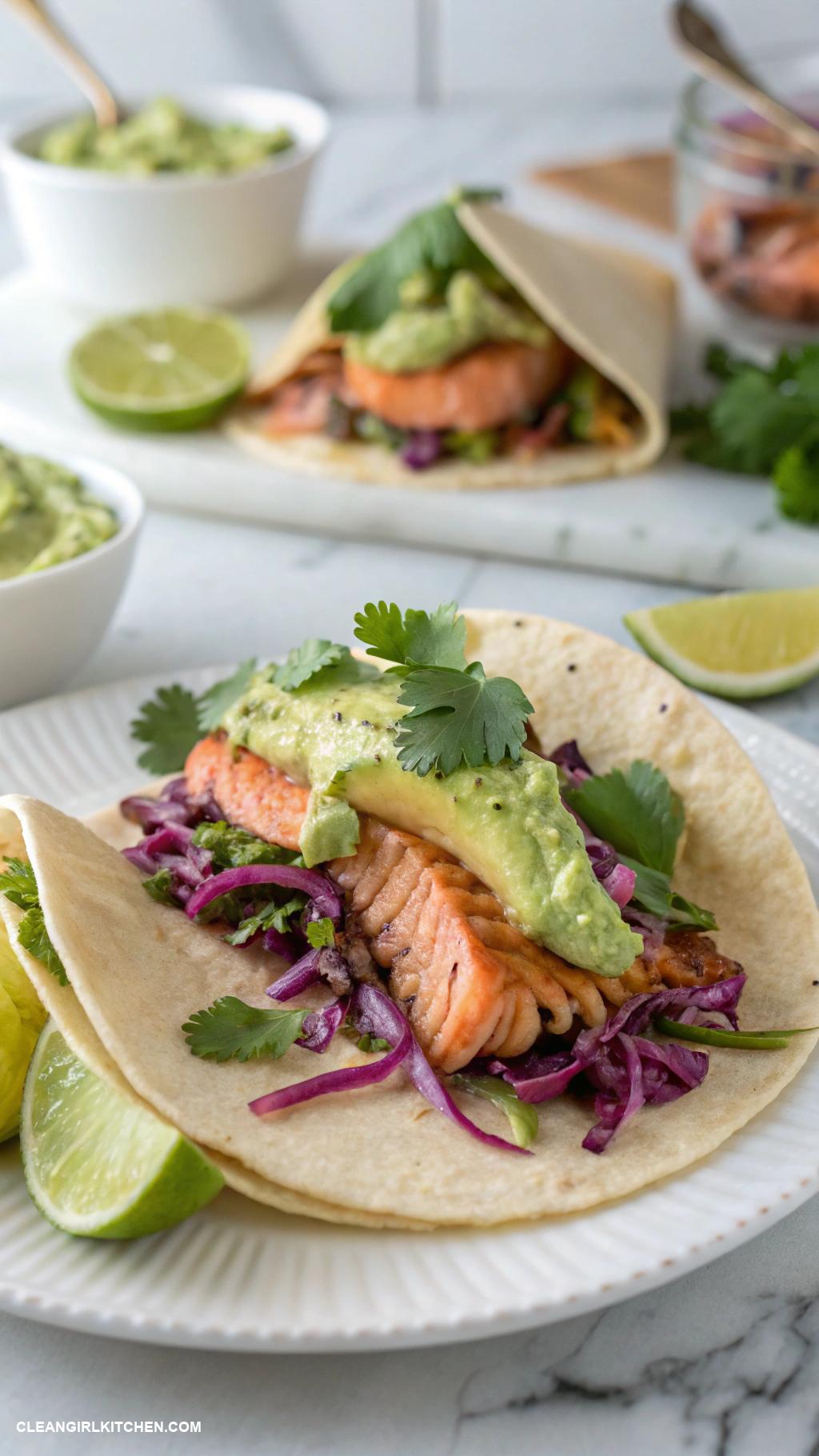 healthy salmon recipes Salmon Tacos with Cabbage Slaw and Avocado Sauce