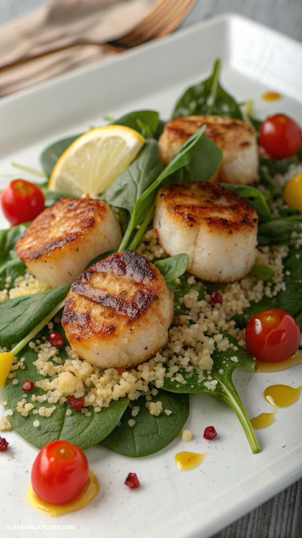 healthy scallops recipes Scallops with Spinach and Quinoa Salad