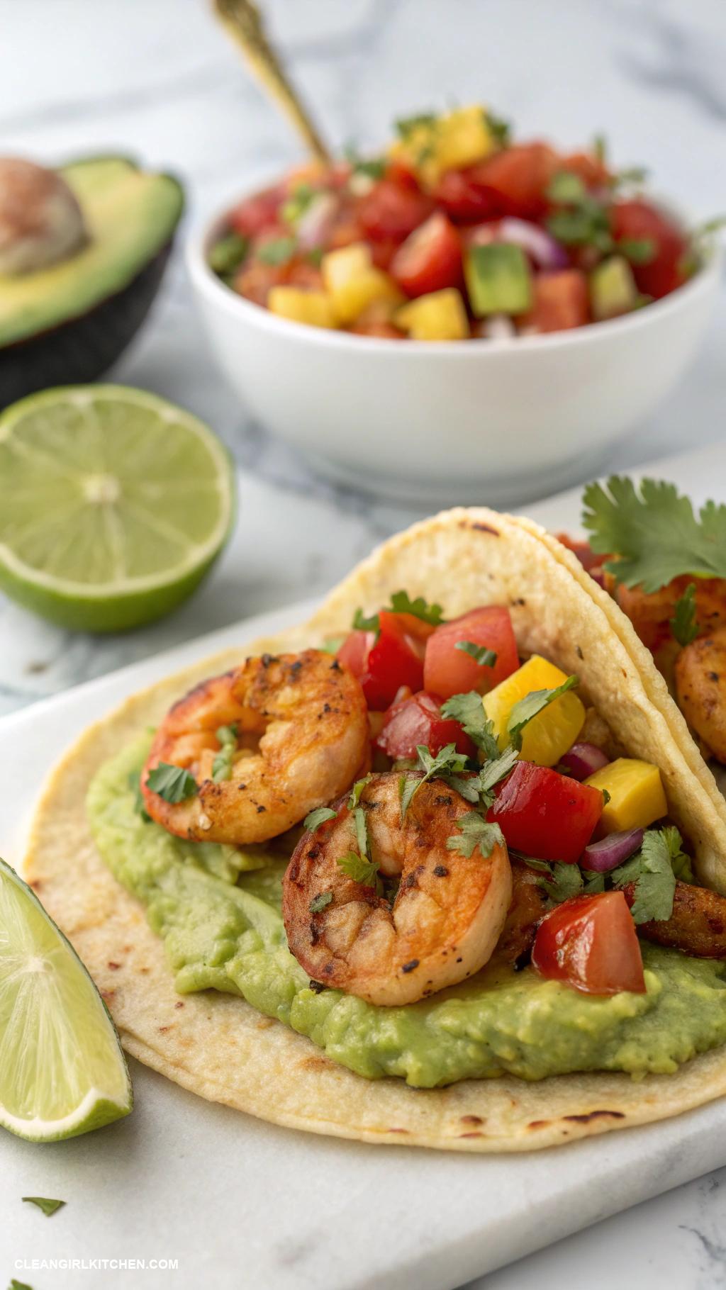 healthy shrimp recipes Spicy Shrimp Tacos with Avocado Salsa