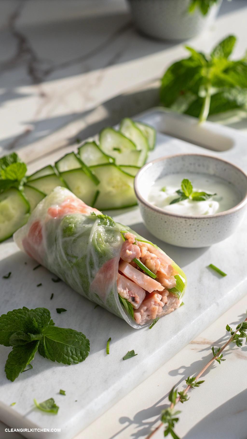 healthy spring rolls Pork and Cucumber Spring Rolls with Mint Yogurt Sauce