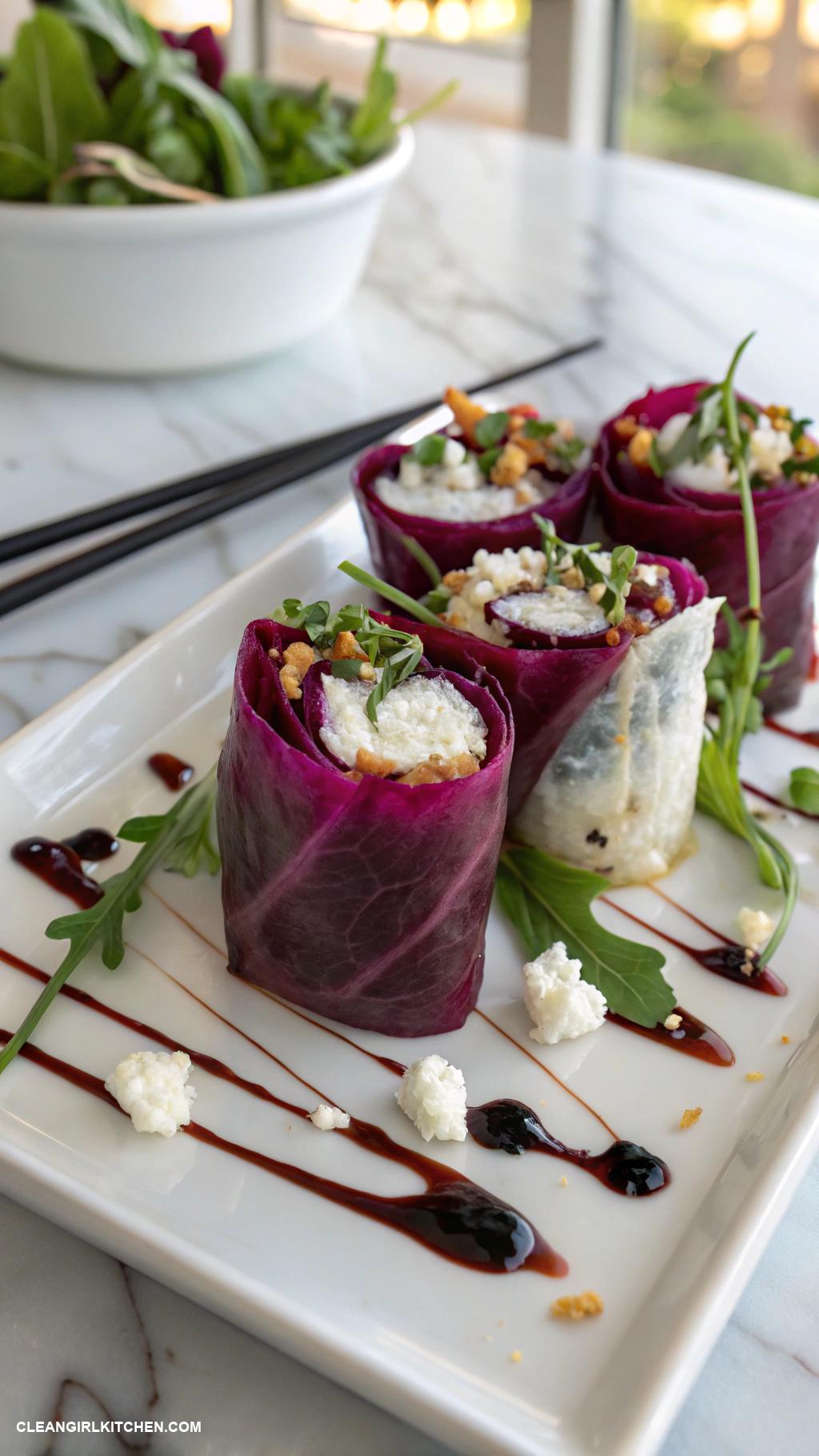 healthy spring rolls Roasted Beet and Goat Cheese Spring Rolls with Balsamic Reduction