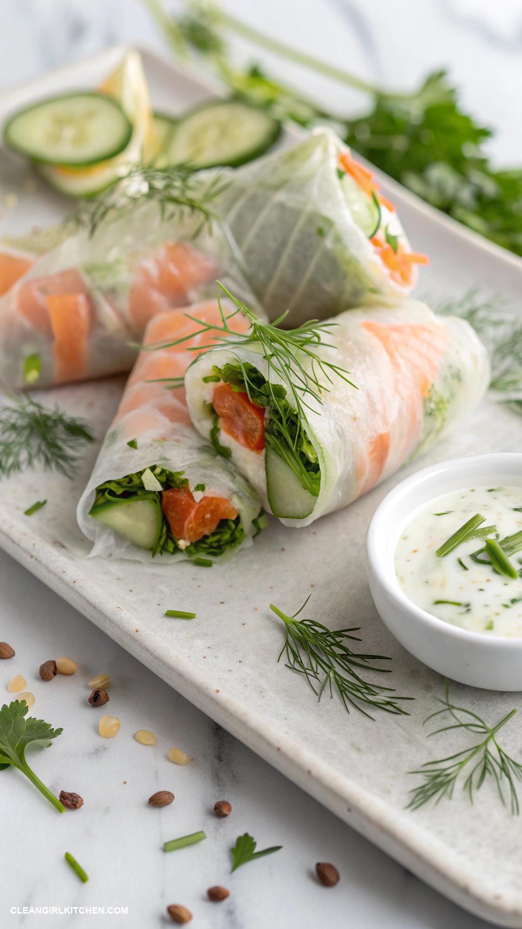 healthy spring rolls Smoked Salmon and Cream Cheese Spring Rolls with Dill Sauce