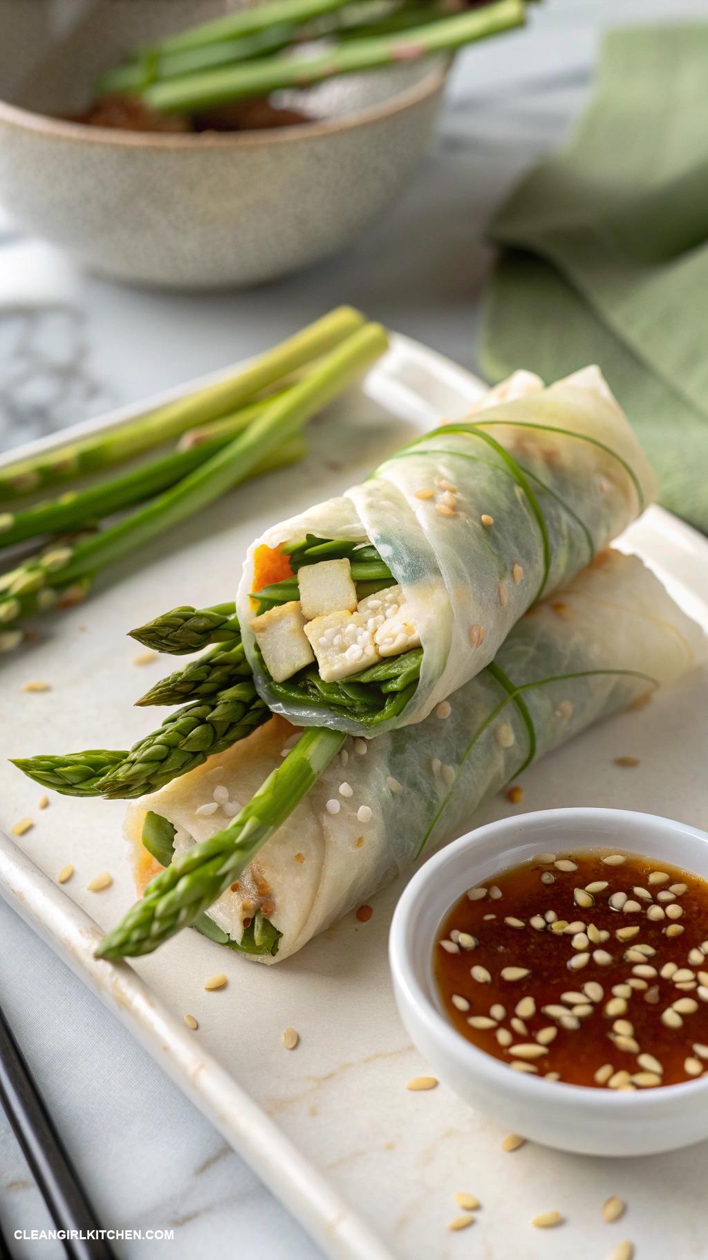 healthy spring rolls Tofu and Asparagus Spring Rolls with Sesame Ginger Sauce