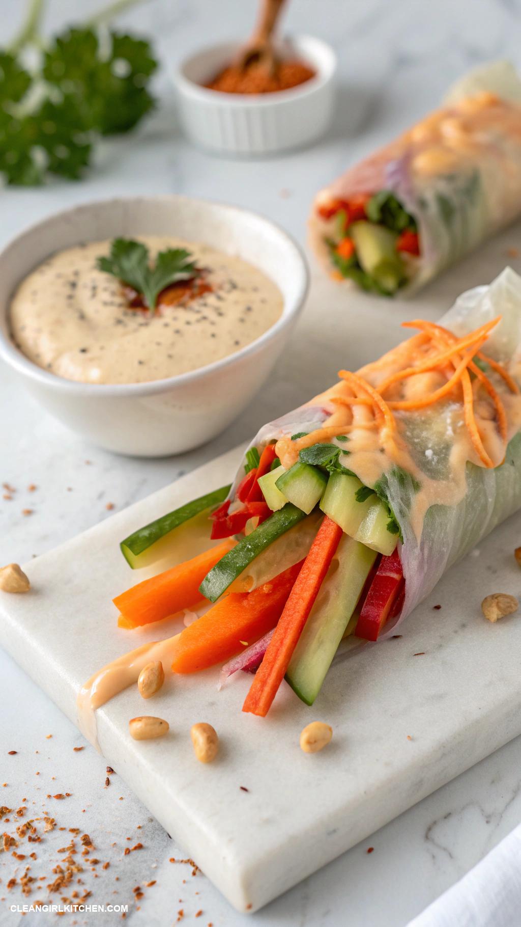 healthy spring rolls Veggie and Hummus Spring Rolls with Tahini Drizzle