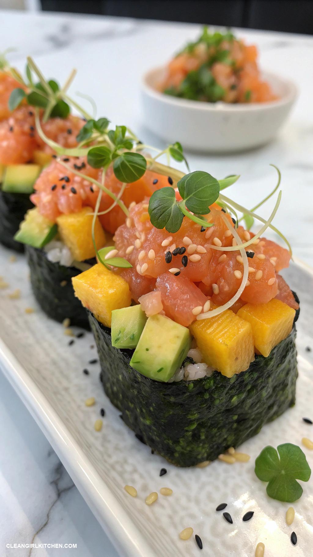 healthy sushi recipes Salmon Tartare Sushi with Mango and Seaweed