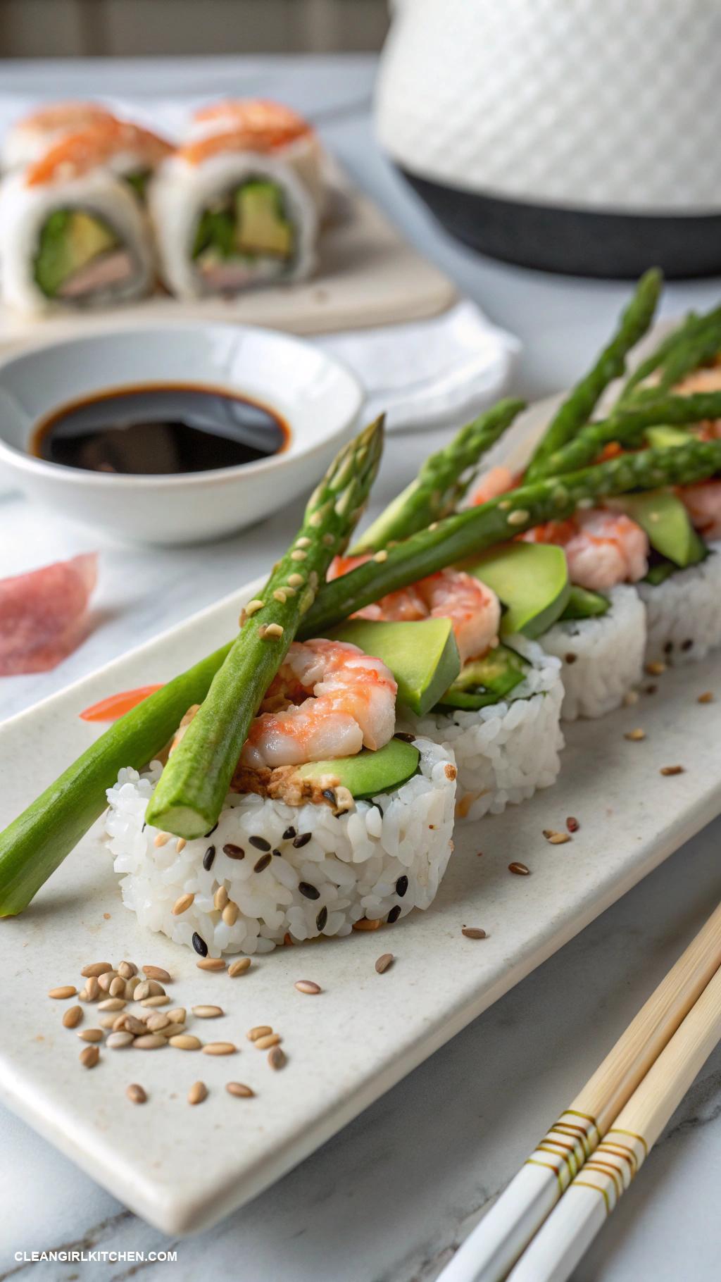 healthy sushi recipes Shrimp and Asparagus Sushi with Avocado